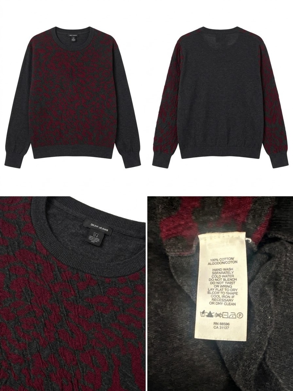 Dkny women’s Charcoal Crewneck Sweater with Burgundy Pattern